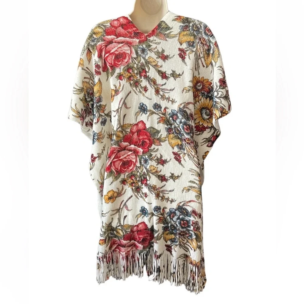 EUC Anthropologie Marseille Floral Fringed Kimono Poncho Shawl O/S Boho Western - Picture 6 of 15